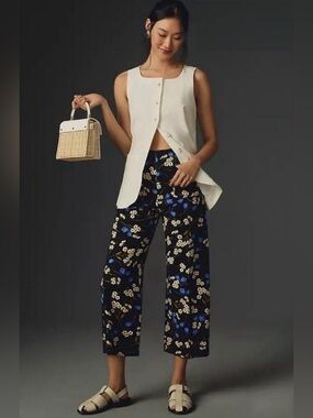 MAEVE The Colette Ponte Wide Leg Cropped Pants Floral Blue Black 24P